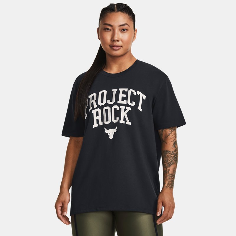Under Armour Project Rock Heavyweight Campus T-Shirt für Damen Schwarz / Weiß Clay L